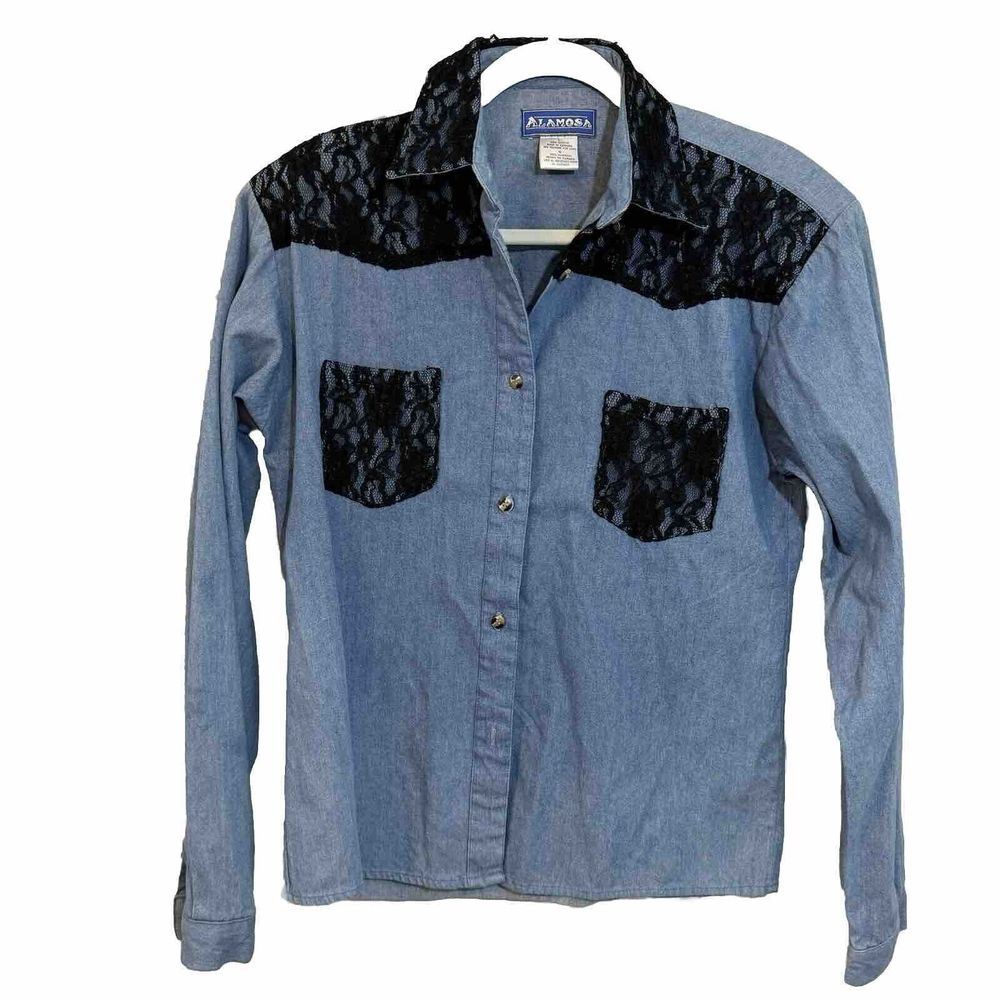 Alamosa Shirt  L Blue Denim‎ Lace Western Long Button Up Vintage Large Rodeo